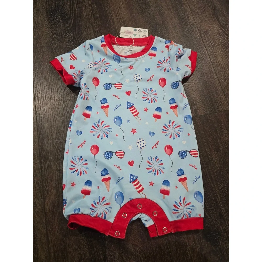 Pete + Lucy P+Lush Patriotic 4th of July Baby Romper Fireworks Blue Red 12-18M